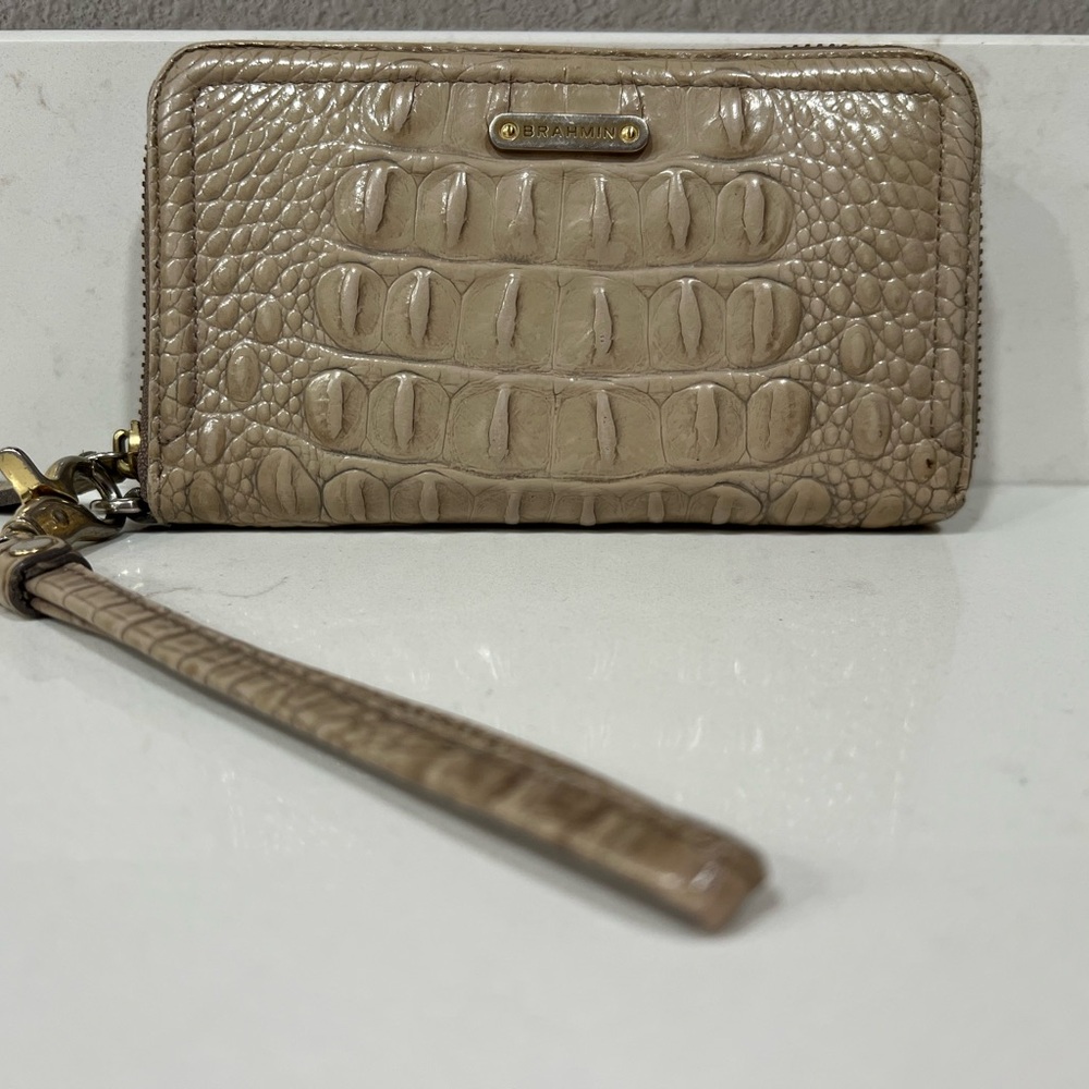 Brahmin Croc-Embossed Tan Wristlet